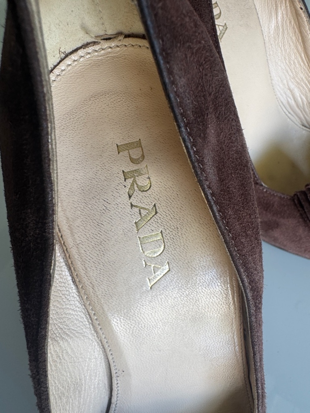 Vintage Prada Dark Brown Suede Peep-Toe Pumps with Floral Detail - Picture 6 of 7